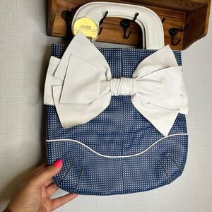 Bodei Blue Polka Dot Bow Tote Bag Purse White‎ Handle Unique Designer